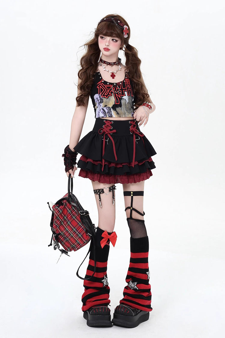 Rebellious Period Double-Layered Ruffle Lace-Up Gothic Japanese Skirt