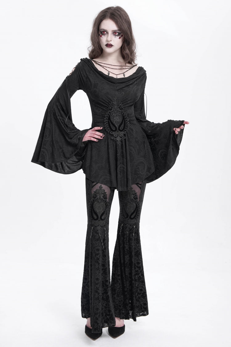 Floral Embroidered Flared Gothic Pants with Cutout Design for Women