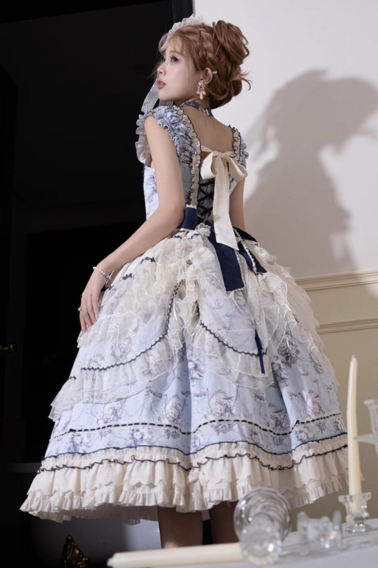 Swing Cat Print Ruffled Bow Lace Sweet Elegant Lolita Jumper Dress