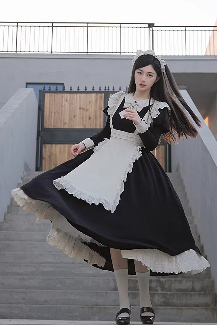 Monochrome Sweet Maid Dress with Ruffled Bow and Round Collar - Two Lengths
