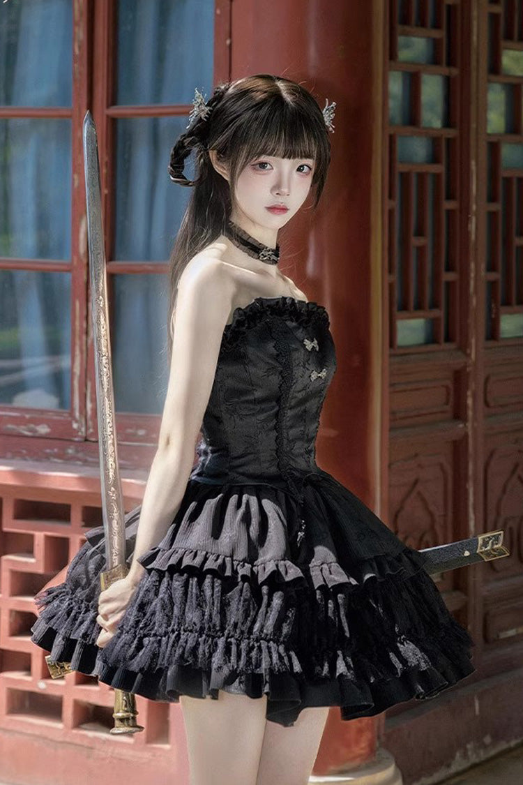Gothic Lolita Skirt Set with Bamboo Dream, Dark Pattern, Ruffles and Multi-layer