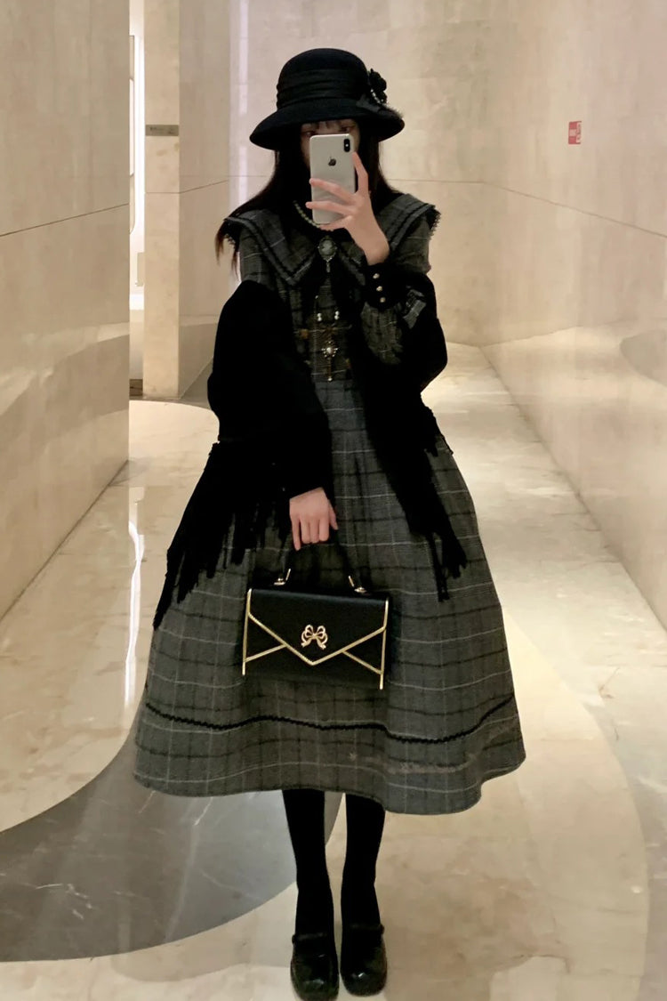 Ash Plaid Bowknot Elegant Sweet Lolita Gown with Long Sleeves
