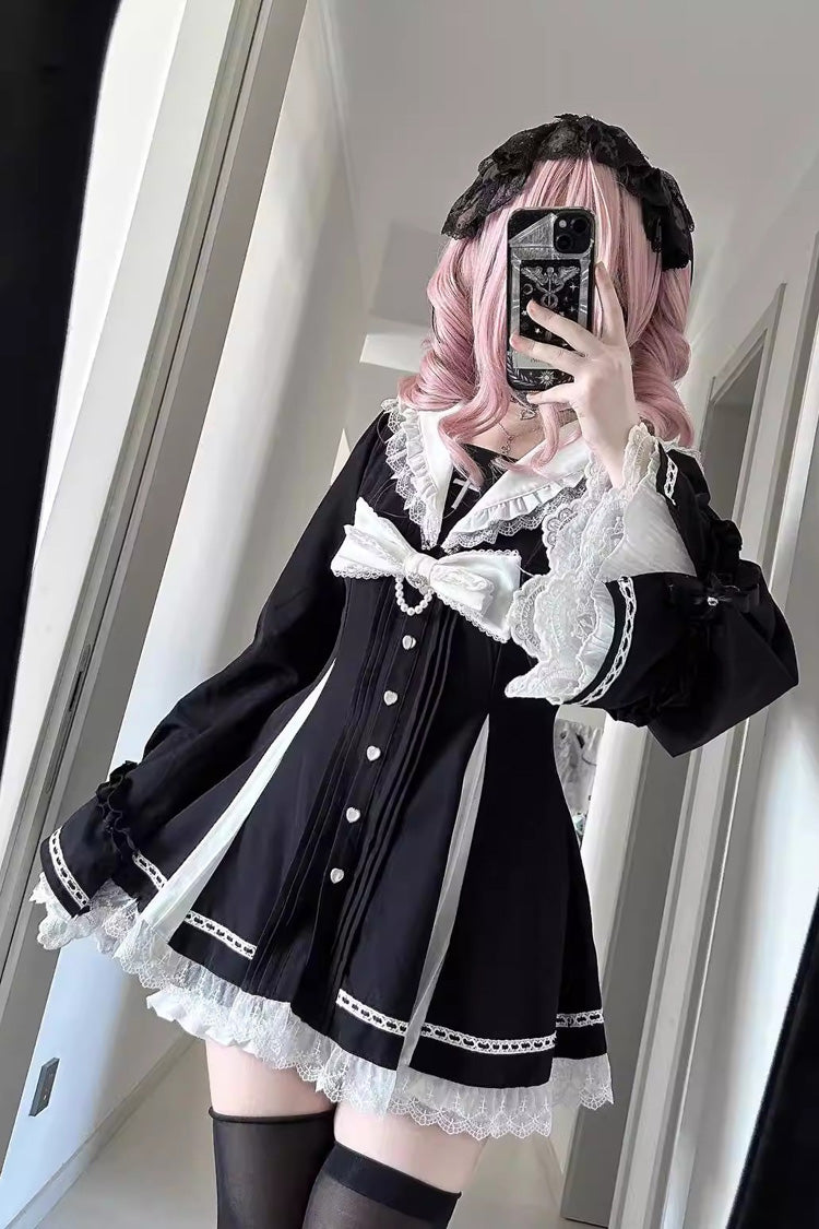 Square Collar Long Sleeves Bow Lace Pearl-Decorated Sweet Jirai Kei Dress and Short Set