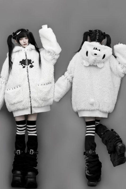 White Long Sleeve Bear Ear Hooded Zippered Gothic Jirai Kei Coat