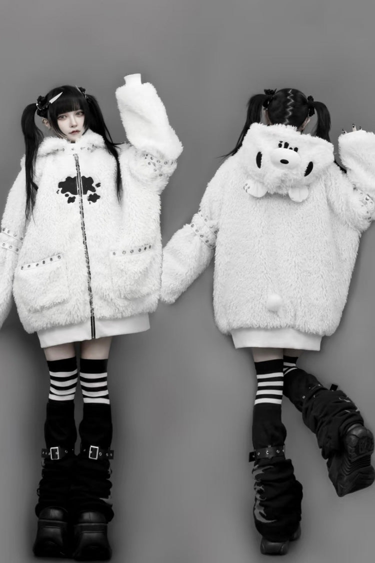 Ivory Bear Ear Hooded Zip-Up Dark Jirai Kei Coat