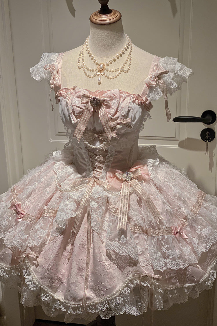 Pink [Anna’s Ball] Square Collar Ruffled Hanayome Bow Lace Sweet Princess Ballet Lolita Jsk Dress