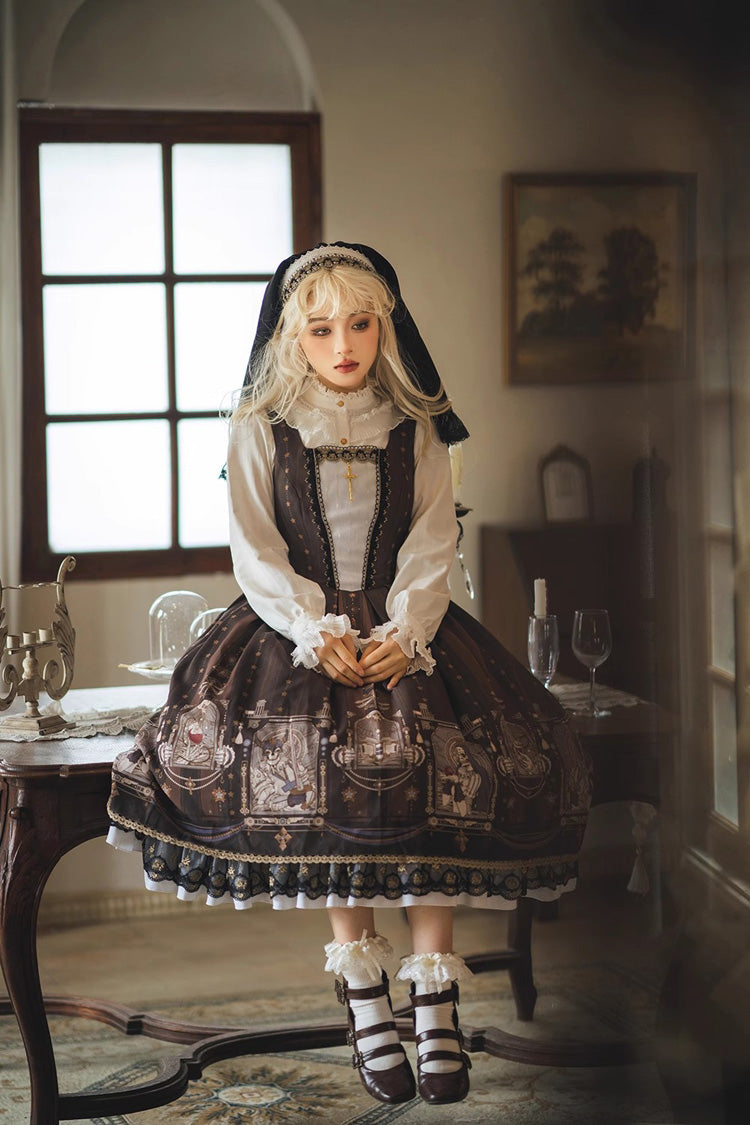 Printed Jumper Dress with Ruffles - Sweet Gothic Lolita