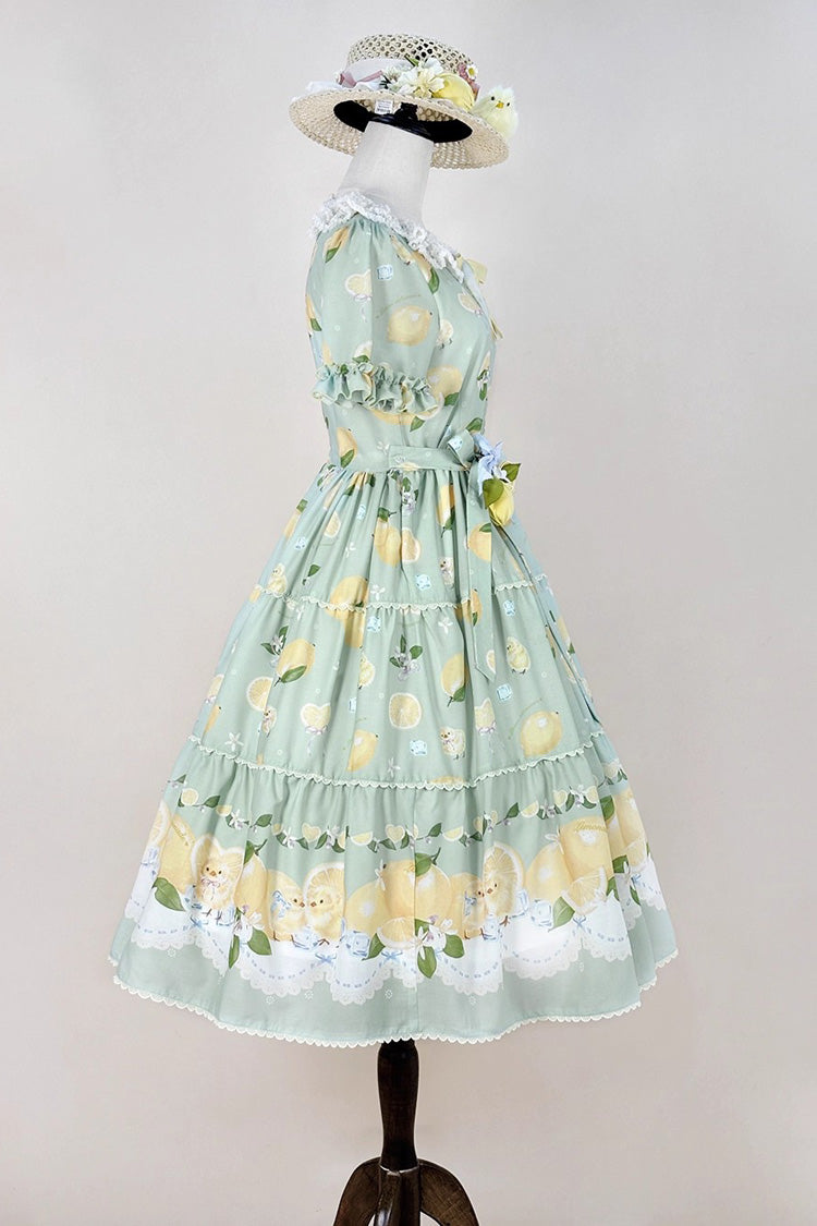 Verdant Short Sleeve Printed Ruffle Bow Lace Daily Sweet Dress - Lemon Chicken