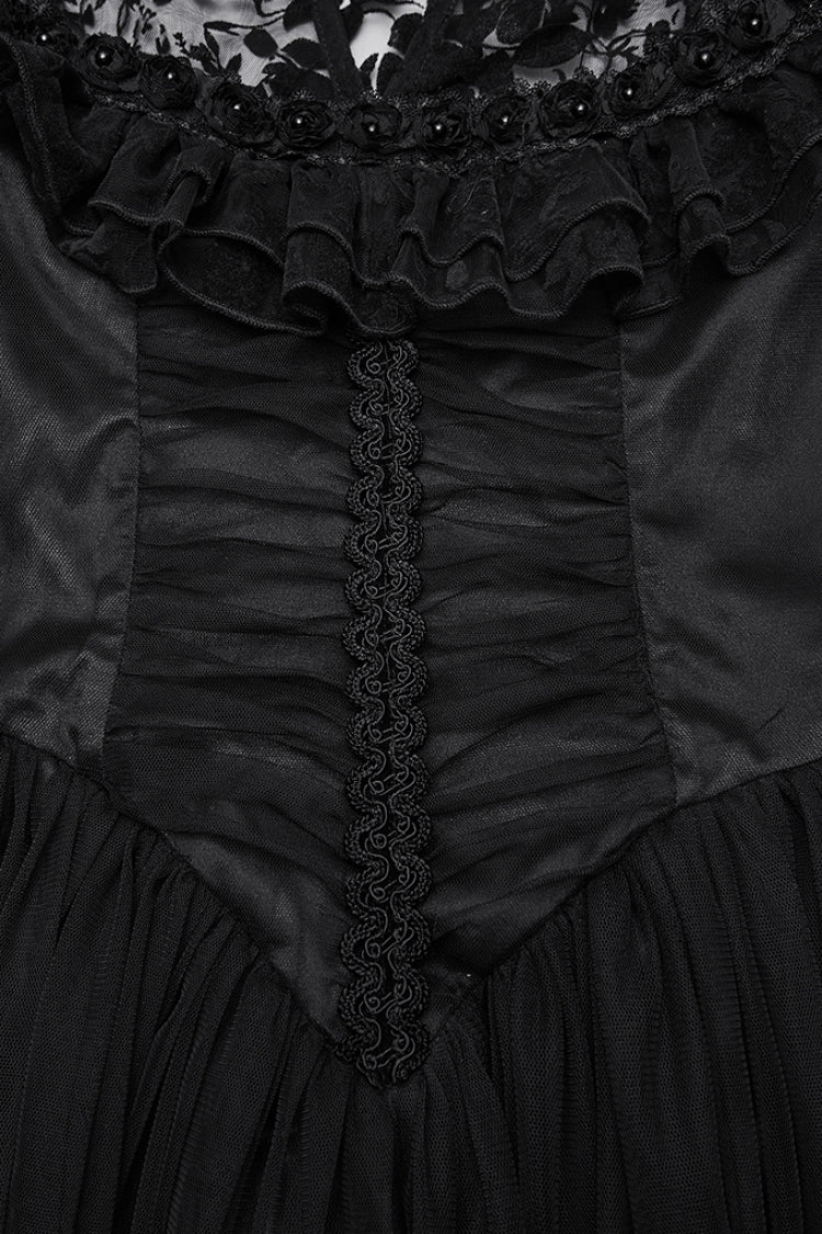 Black Stand Collar Cutout Embroidered Flocking Mesh Gothic Formal Gown