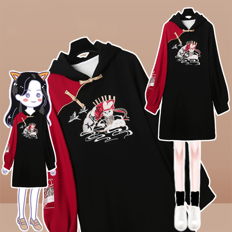 Bunny Red Colorblock Plush Hooded Sweatshirt Dress