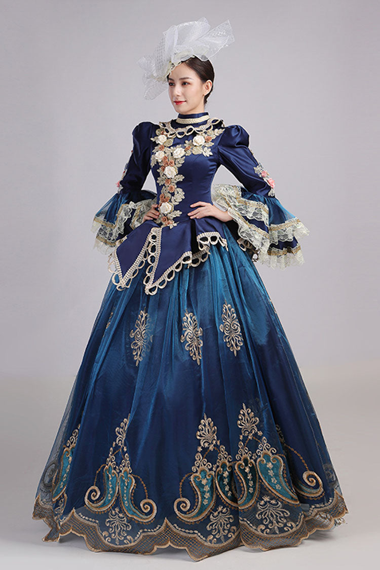 Blue Trumpet Sleeve Victorian Gown - 3D Flower Hollow Embroidery