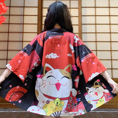 Red Anime Lucky Cat Cardigan Kimono Outerwear