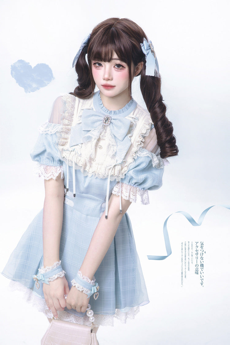Blue/Aqua Short Sleeves Plaid Printed Ruffled Lace Sweet Jirai Kei Japanese Lolita Dress