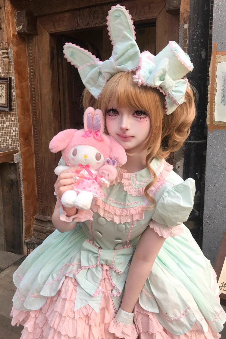 Pink Green Honeydew Melon Short Sleeve Layered Ruffle Bow Sweet Dress