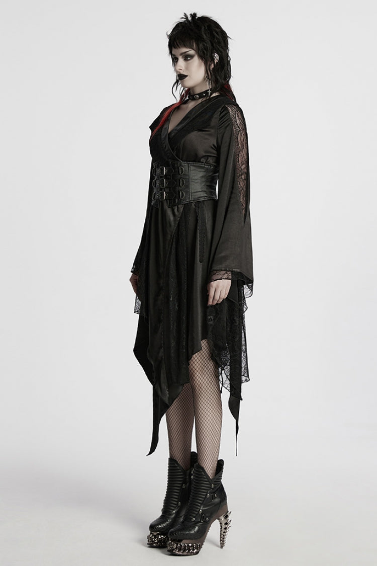 Ebony Long Sleeves Stitching Lace Asymmetrical Gothic Dress