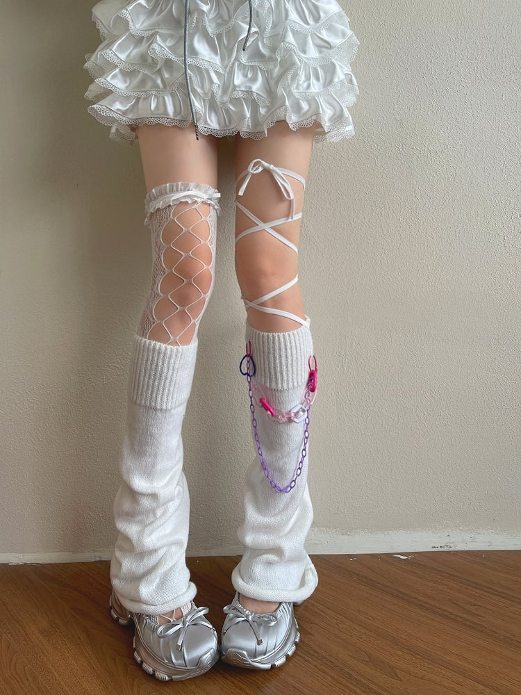 Leg /Lace Cut-out Chain Stockings/Leg Warmers White Design Overknee