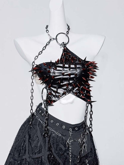 Punk Black Halter Neck Studs Chain Star-shaped Backless Top