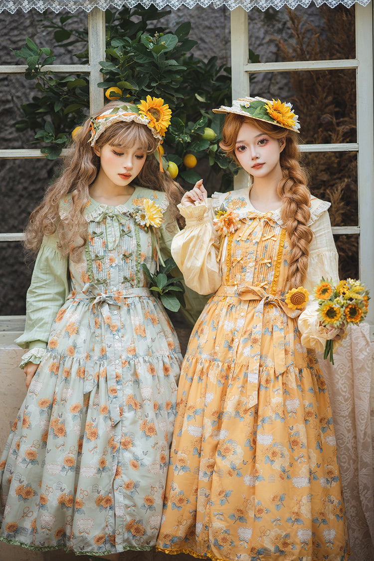 Yellow Sunflower Sleeveless Floral Bow Elegant Jsk Dress