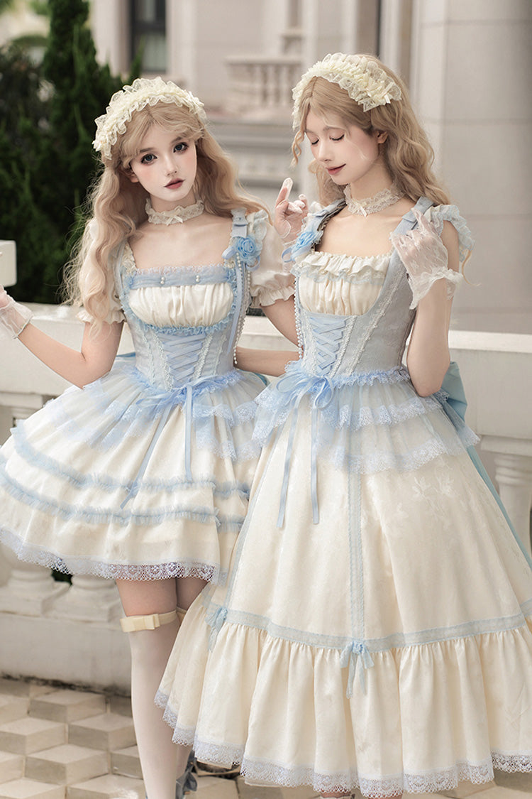 Ivory Square Collar Short Sleeve Ruffle Fishbone Sweet Short Dress - Sea Salt Iced Tea