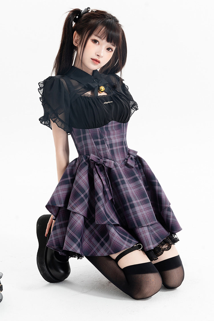 Purple Magic Cat Double-Layered Stripe Print Bow Sweet Lolita Jumper
