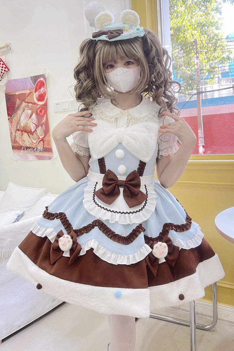 Cream Snow Cat Winter Ruffle Bowknot Sweet Lolita JSK