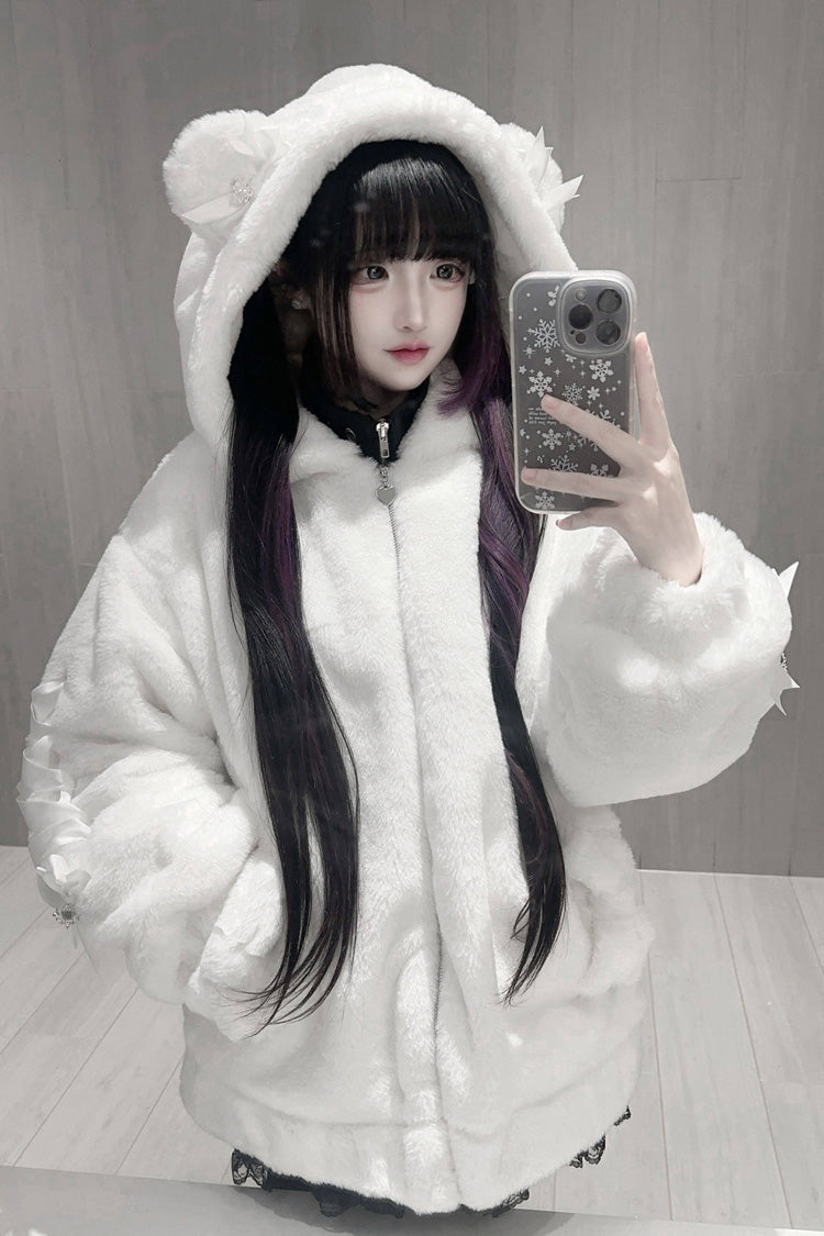 Bear Ears Long Sleeves Bow Lace-Up Hooded Zippered Sweet Jirai Kei Coat