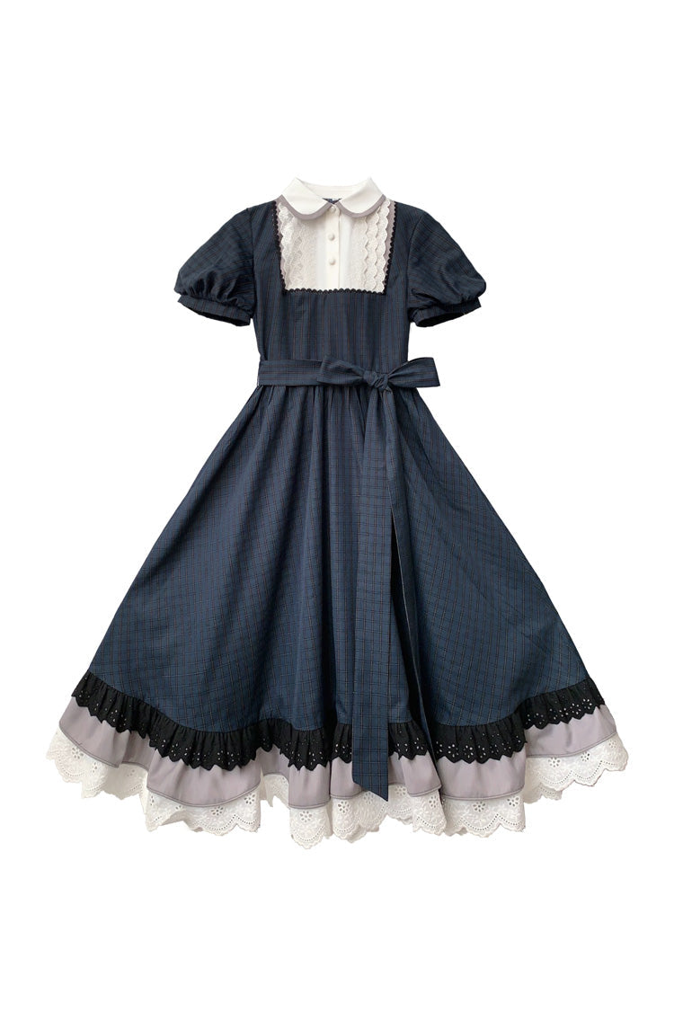 Blue [Phyllis] Lapel Collar Short Sleeves Printed Bow Classic Vintage Elegant Lolita Dress