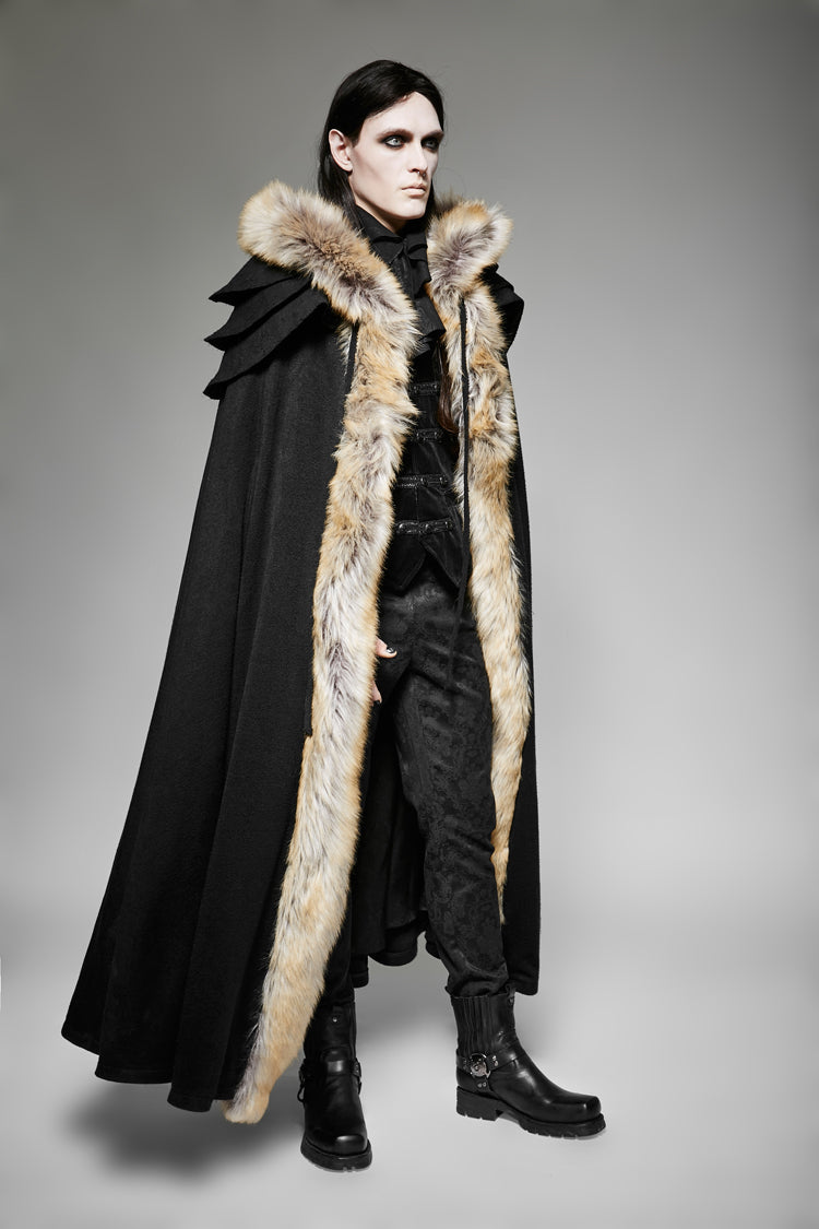 Men's Gothic Coat Cloak with Hooded Fur Collar Wool Long Design