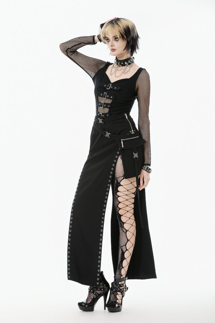 Long-Sleeve Punk Top with Buckled Straps and Mesh Panels
