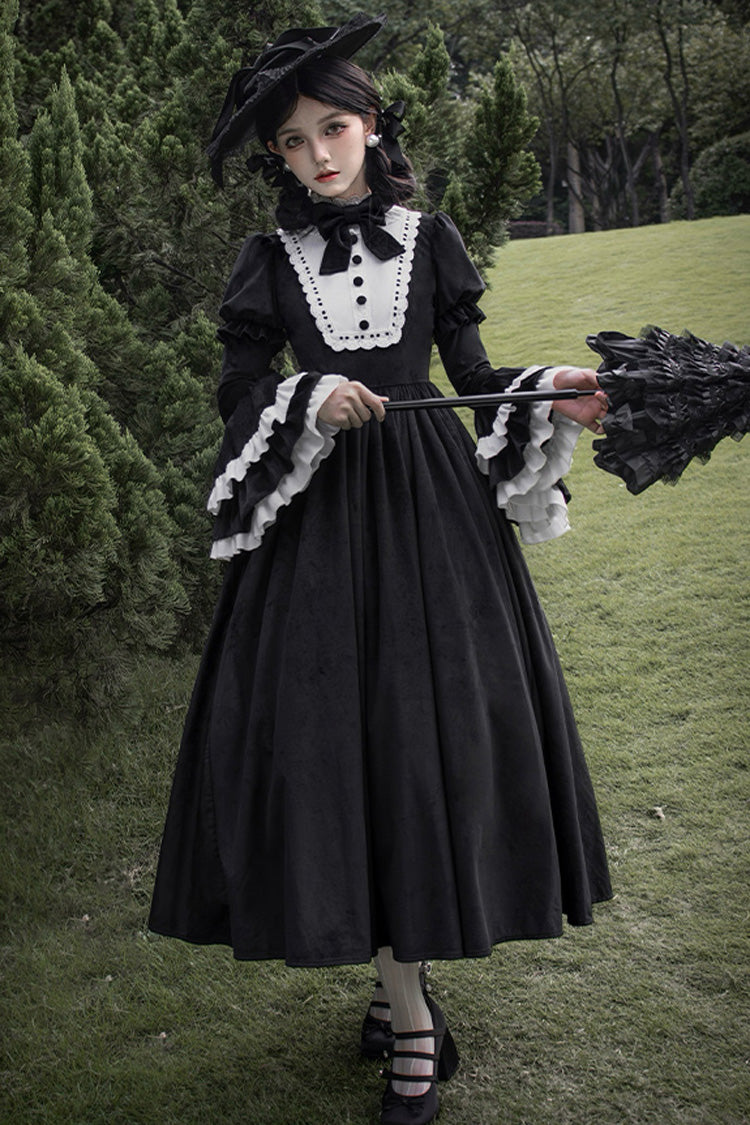 Black Sleepless Night Long Hime Sleeves Ruffle Bow Gothic Dress