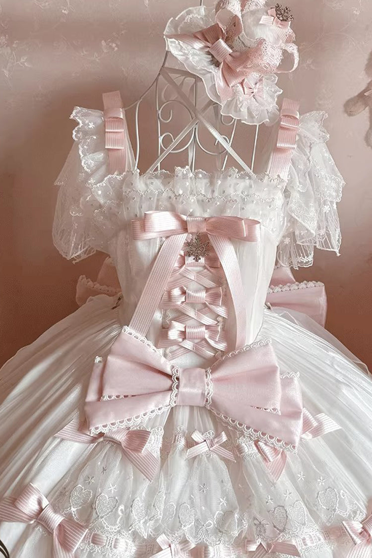 White Pink Snow of Love Ruffled Hanayome Open-Front Bow Lace Sweet Princess Dress