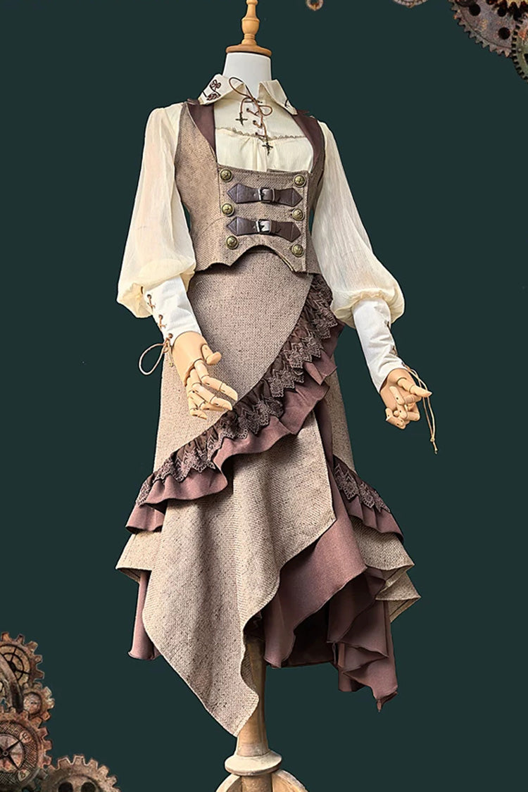 The Traveler Asymmetric Punk Lolita Skirt Set in Coffee Brown