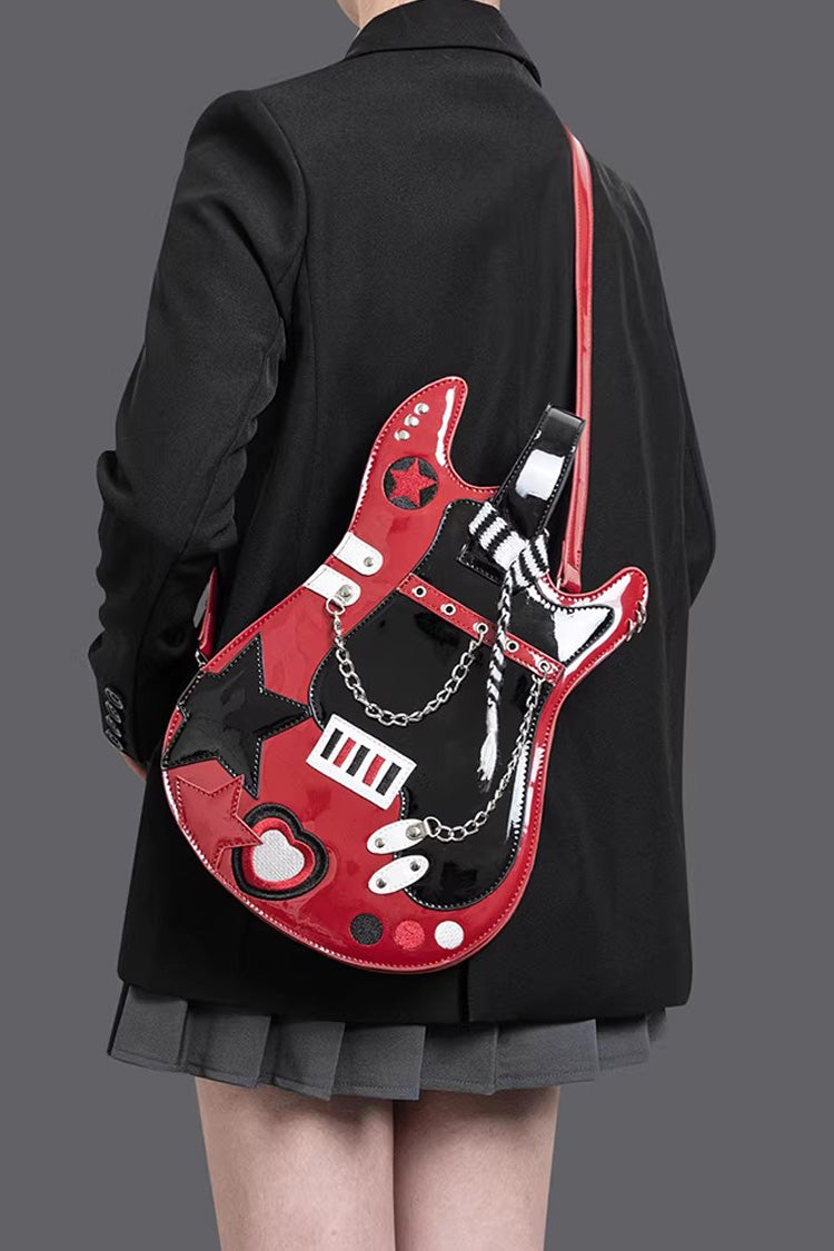 Embroidered Itabag with Guitar Heart and Chain, Color-Block Sweet Lolita