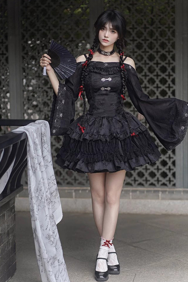 Gothic Chinese Lolita Skirt with Bamboo Leaves Print, Ruffles and Lace