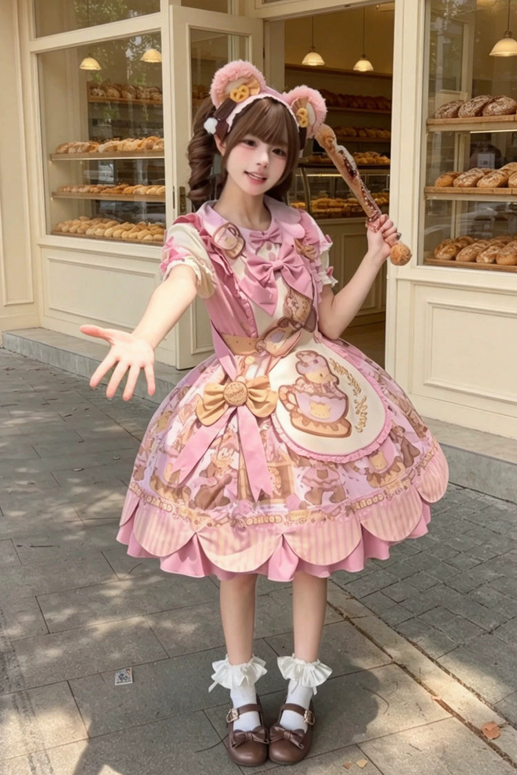 Teddy Bear Cookie Dessert Print Dress with Bow & Ruffles