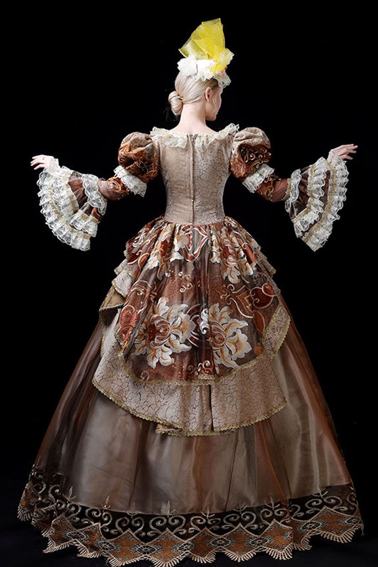 Coffee Multi-Layer Trumpet Sleeve Victorian Gown - 3D Flower Embroidery