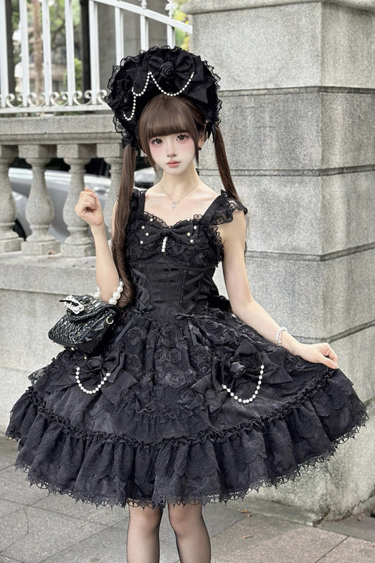 Sleeveless Ruffle Bowknot Lace Lace-Up Gothic Ballet Lolita Jsk Dress