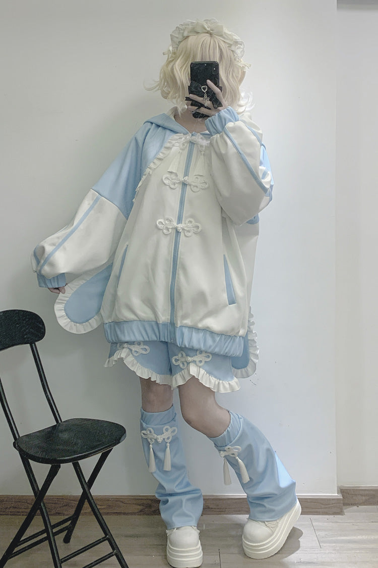 White Blue Rabbit Ear Long Sleeve Ruffled Hooded Jirai Kei Coat
