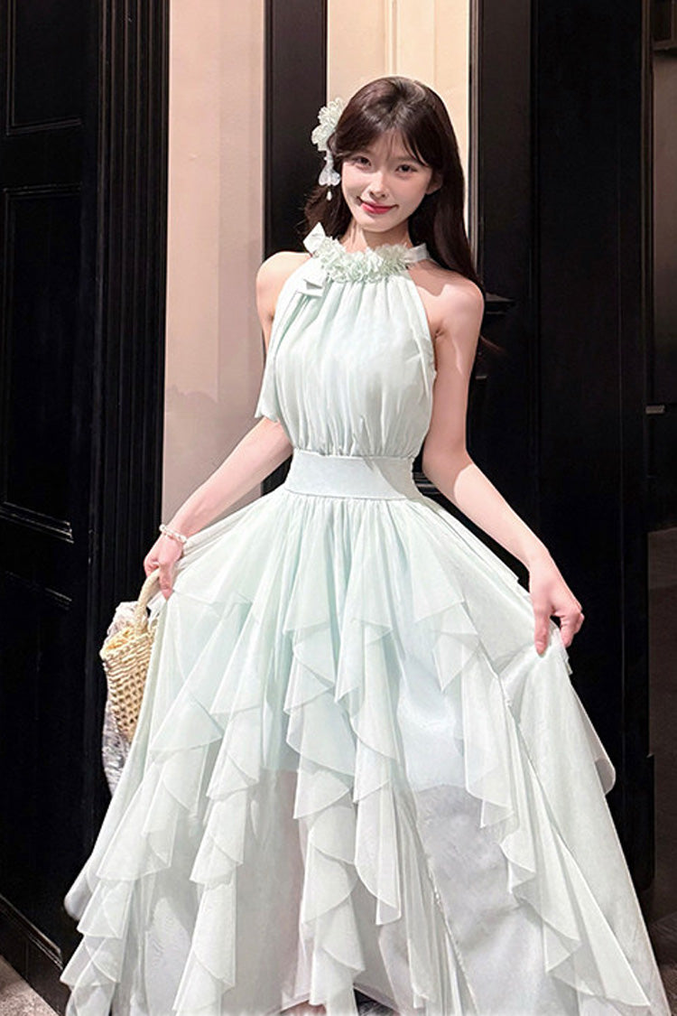 Light Green [Mist Bell] Halterneck Sleeveless Multi-Layered Ruffled Irregular Sweet Lolita Dress