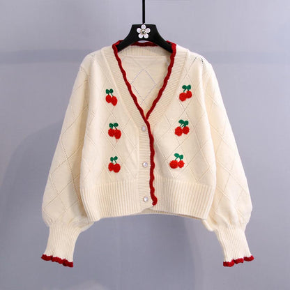 Cherry Embroidery Sweater Plaid Skirt Set