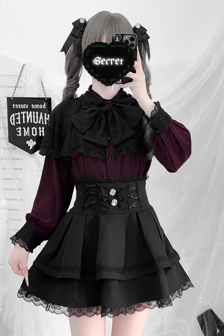 Dark Moon Shadow Double-Layered Ruffled Embroidered Bow Corset Gothic Jirai Kei Top and Skirt Set