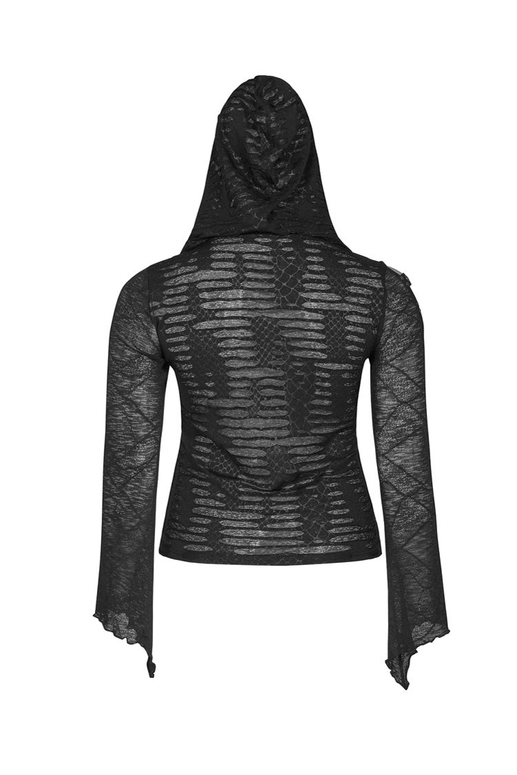 Plus Size Punk T-Shirt for Women in Black with Lace-Up Chest, Flare Sleeves & Distressed Knit Hood