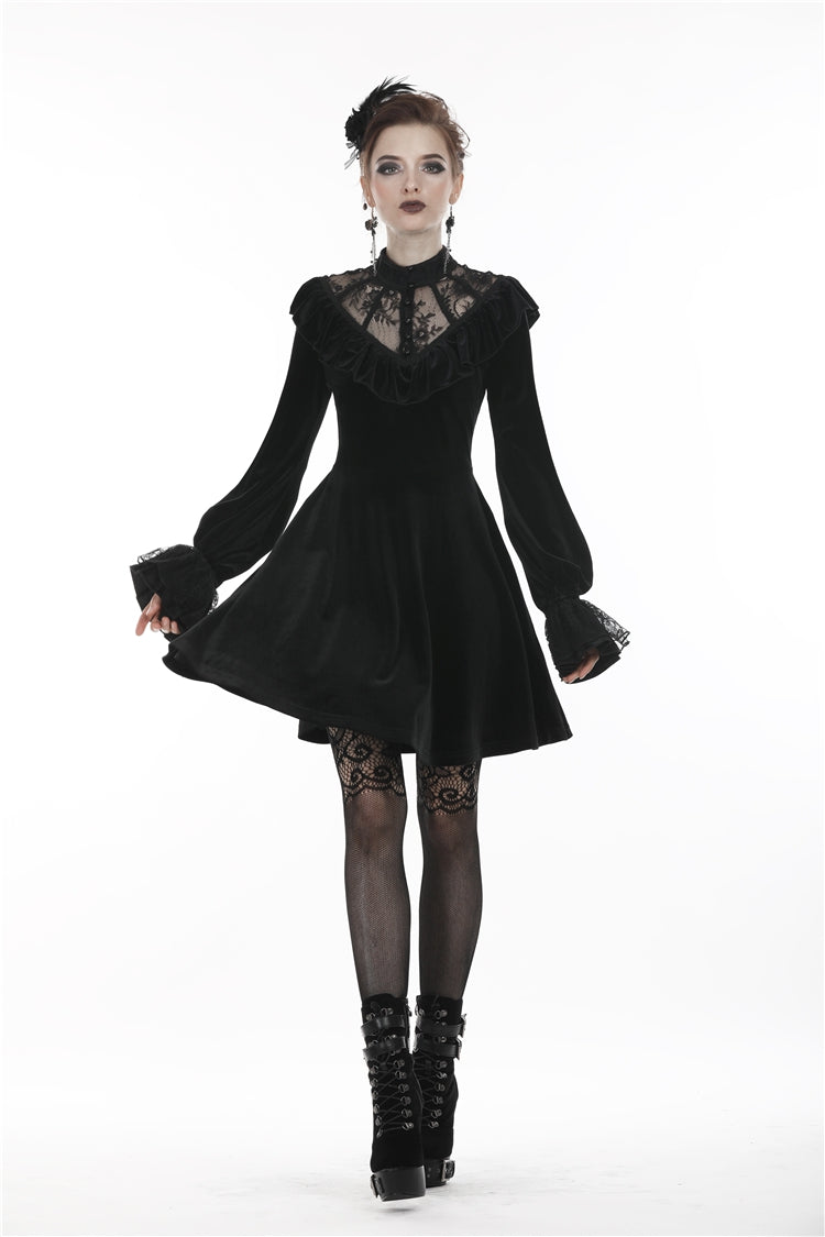 Black V-neck Long Sleeves Ruched Ruffled Lace Women's Lolita Gothic Velvet Dress