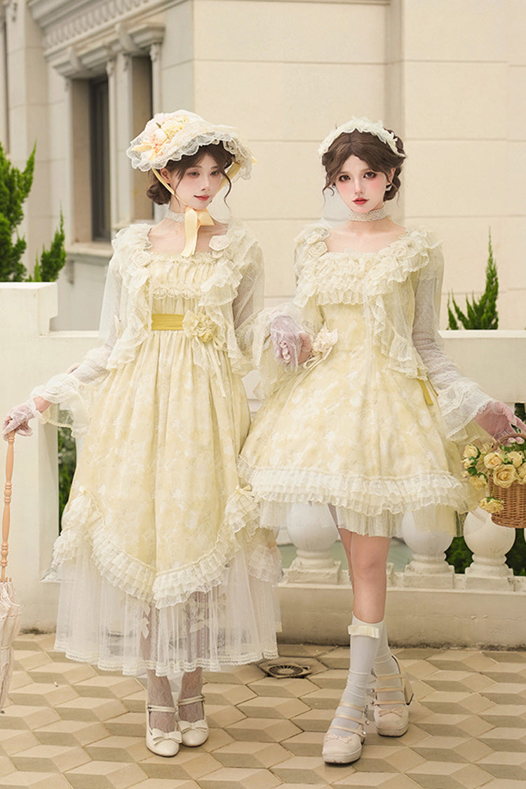 Golden Square Collar Short Sleeve Printed Ruffle Lace Sweet Elegant Long Gown - Falling Flowers as a Message