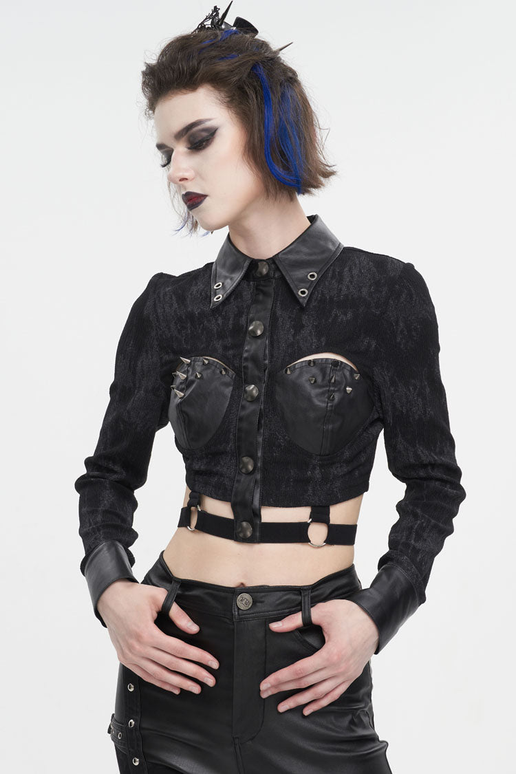 Studded Punk Shirt with Cutout and Turn Down Collar
