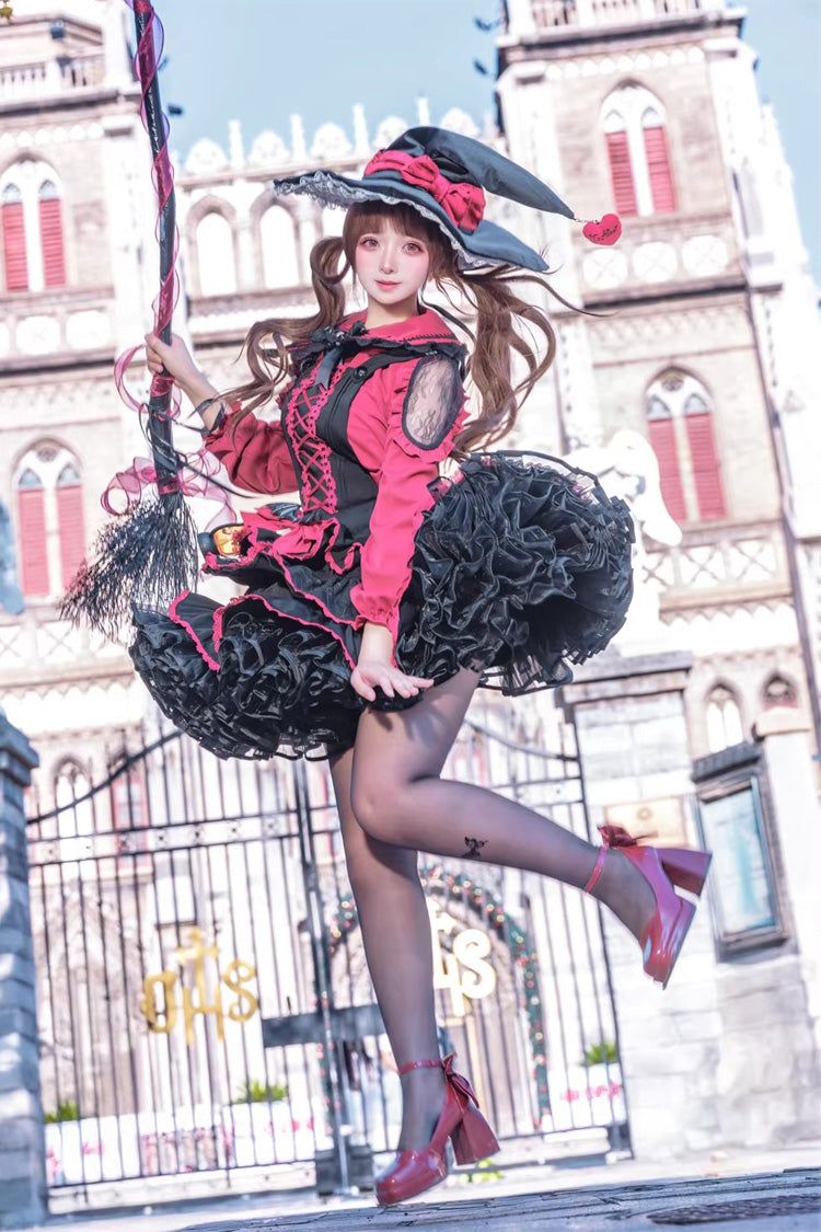 Black Red Showa Cake Sleeveless Triple-Layered Ruffled Bow Lace-Up Witch Gothic Jsk Dress