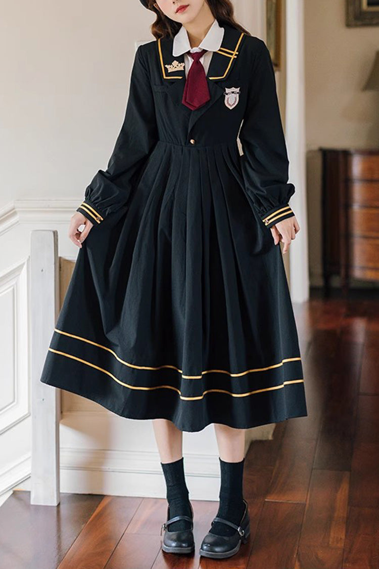 Black Embroidery Dress with Long Sleeves - College Style