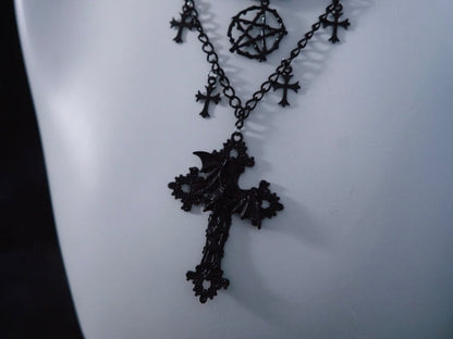 Pentagram Cross Pendant Black Triple Layered Necklace