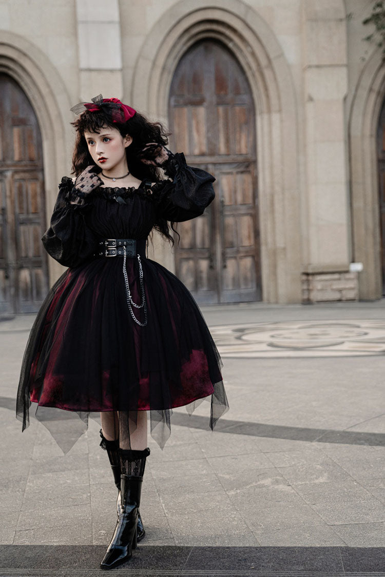 Gothic Lolita Short OP Dress with Metal Chain & Organza Trim