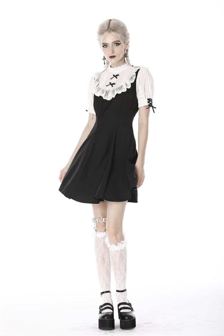 Black/White Stand Collar Short Sleeves Ruffled Women's Sweet Gothic Lolita Doll Midi Dress